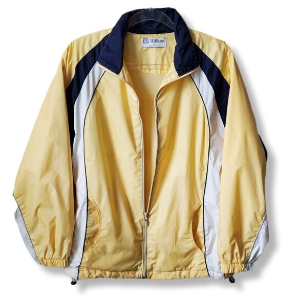 80s 90s Unisex Wilson Pastel Yellow Zip Windbreaker Jacket M Preppy Tenniscore - Picture 1 of 12